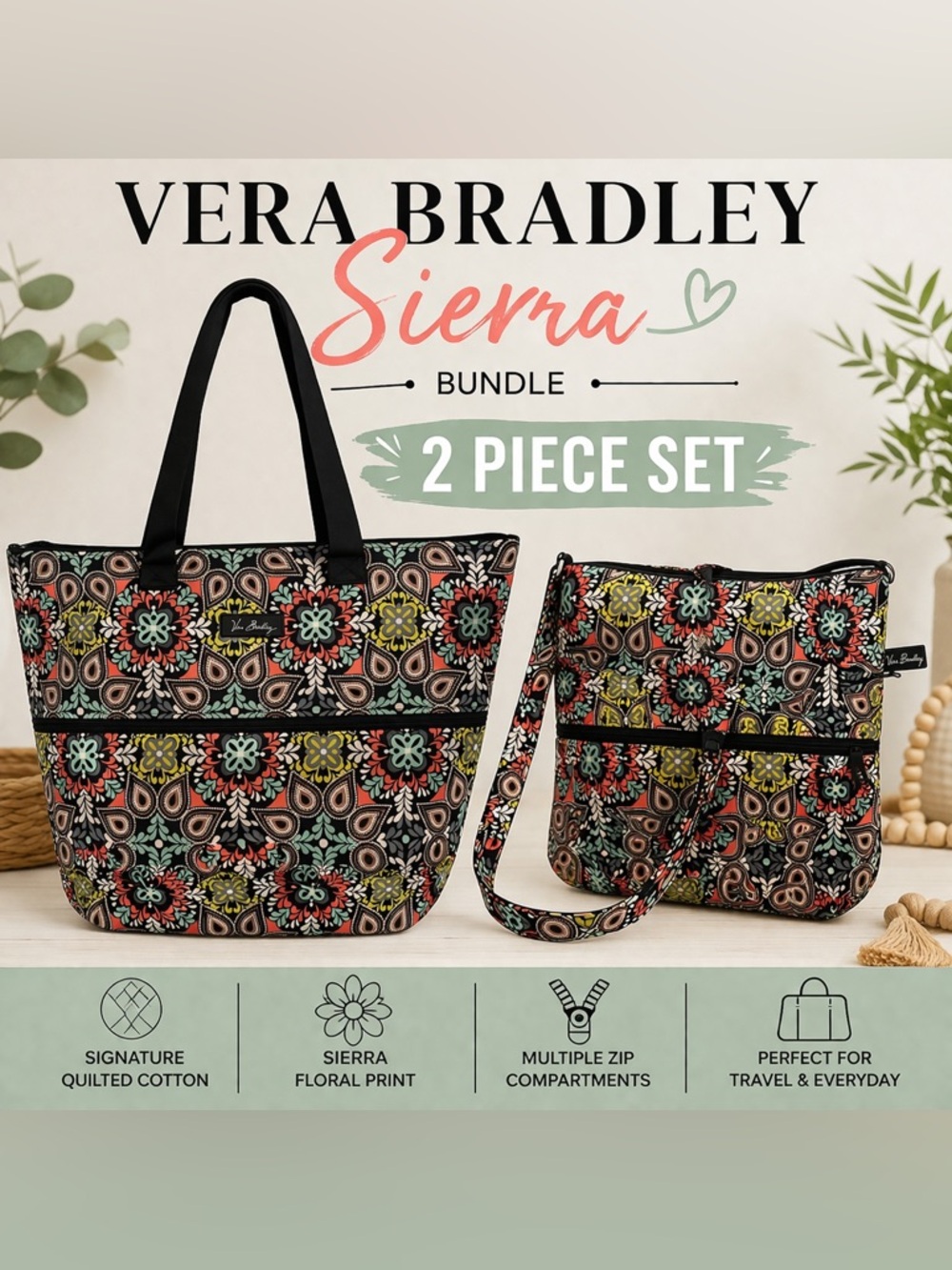 Vera Bradley Sierra Bundle 2 Pc Tote + Crossbody‎ Floral Medallion Travel Bag